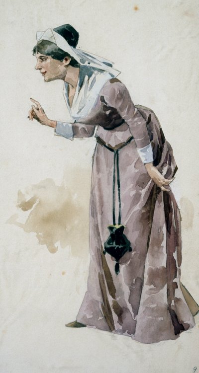 2月9日、ミラノのスカラ座で上演された、ジュゼッペ・ヴェルディ（1813-1901）によるオペラ「ファルスタッフ」の初演のためのアドルフ・ホーエンシュタイン（1854-1928）による衣装スケッチ 作： Adolfo Hohenstein