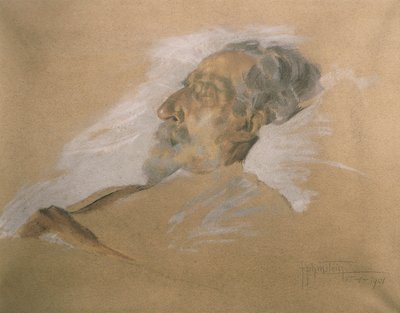 死の床に就くジュゼッペ・ヴェルディ（紙に鉛筆、ウォッシュ＆ホワイトハースニング 作： Adolfo Hohenstein