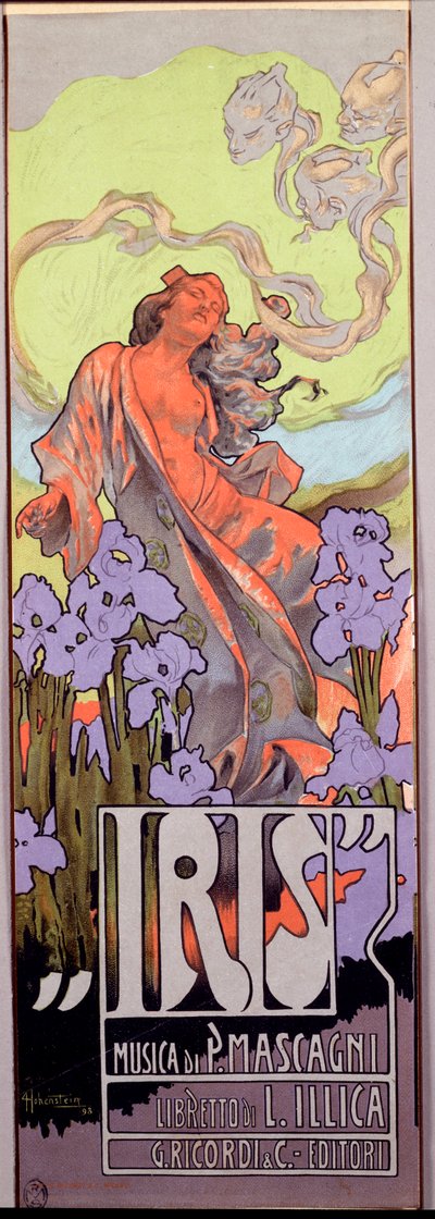 ピエトロ・マスカーニ作曲、ルイジ・イリカのイタリア語リブレットによるアイリス・オペラ（1898年）。ポスターのイラストはAdolfo Hohenstein（1854-1928） 1910 Dim.10x29.5 cm ミラノの個人コレクション 作： Adolfo Hohenstein