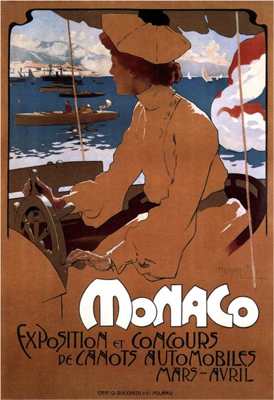モナコ：モーターボートの展示、1900 作： Adolfo Hohenstein