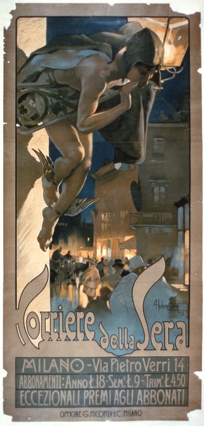 1898年にミラノで印刷された「Corriere della Sera」のポスター 作： Adolfo Hohenstein