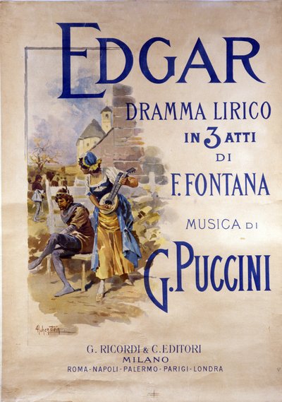 作曲家ジャコモ・プッチーニ（1858-1924）のオペラ「エドガー」のポスター（Adolfo Hohenstein撮影）。 作： Adolfo Hohenstein