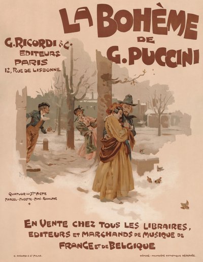 ジャコモ・プッチーニによるオペラ「ラ・ボエーム」のポスター、1895年。 作： Adolfo Hohenstein