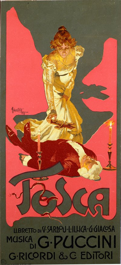 ジャコモ・プッチーニ(1858-1924)のオペラ「ラ・トスカ」のリバティ様式のポスター 1906年 Dim.30x13.5 cm イラスト：Adolfo Hohenstein (1854-1928) ミラノ 個人蔵 作： Adolfo Hohenstein