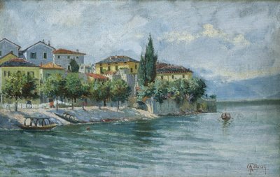 マッジョーレ湖の風景 (キャンバスに油彩) 作： Adolfo Polaroli