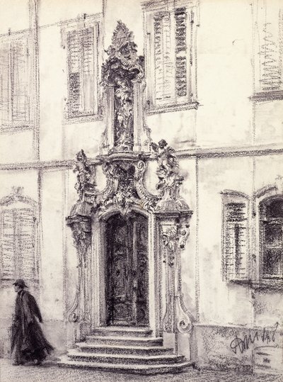 1884年にバロック様式の門で飾られた建物の階段を下る男 作： Adolph Menzel
