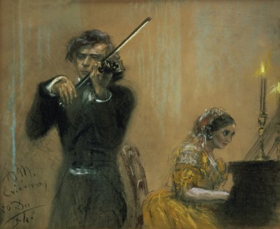 クララ・シューマン(1819-96)とヨーゼフ・ヨアヒムのコンサート 作： Adolph Menzel
