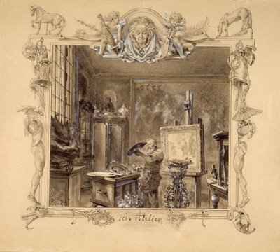 彼のスタジオ、1890（紙にペンとインク） 作： Adolph Menzel