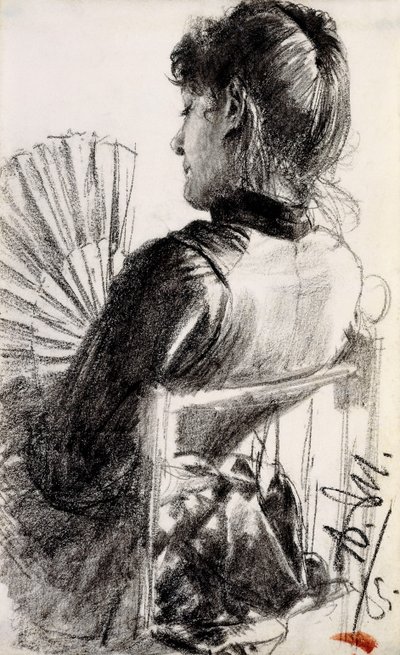 ファンを持つ女性、1885 作： Adolph Menzel
