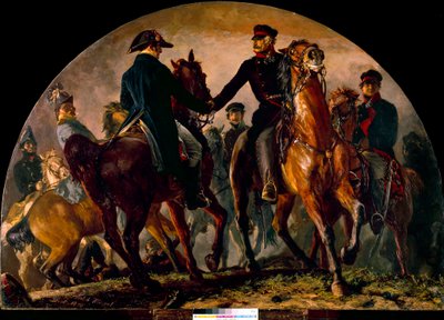 ラ・ベル・アライアンスの戦い（1815年）でのゲバハルト・リーベレヒト・フォン・ブルーチャー（1742-1819）とアーサー・ウェルズリー・ウェリントン（1769-1852）の出会い。アドルフ・メンツェル（1815-1905）Ec.による絵画。All 作： Adolph Menzel