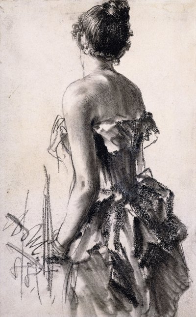 女性の後姿。女性の背面図、1888 作： Adolph Menzel