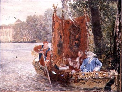 ラインスブルクでの川の旅、1860（石油） 作： Adolph Menzel