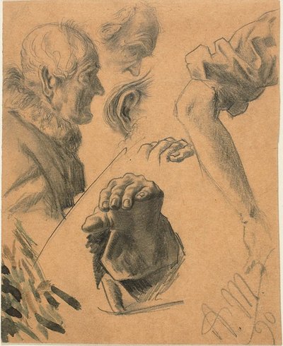 手、腕、頭のスケッチ 作： Adolph Menzel