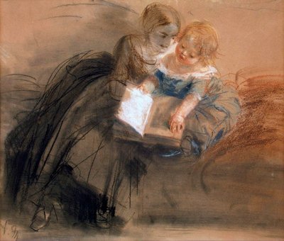 1844年から1850年の間、子供を持つ若い女性。 作： Adolph Menzel
