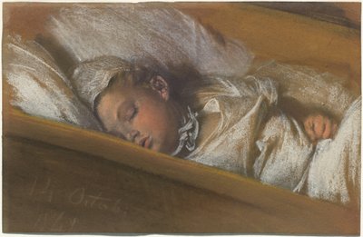 ベビーベッドで眠る幼児 作： Adolph Menzel