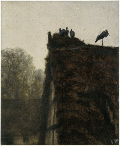 藁葺き屋根の上のコウノトリの巣。『子どものアルバム』より 作： Adolph Menzel