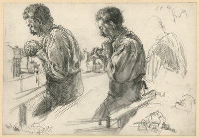 工作台で木工旋盤を操作する職人、2点の習作と細部 作： Adolph Menzel