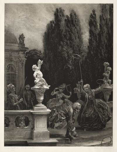 ブラシとスクレーパーを使った石のエッセイ：城テラスのフープでの演奏、1851年。 作： Adolph Menzel