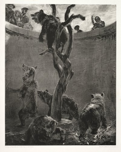 ブラシとスクレーパーを使った石のエッセイ：ベアピット、1851年。 作： Adolph Menzel
