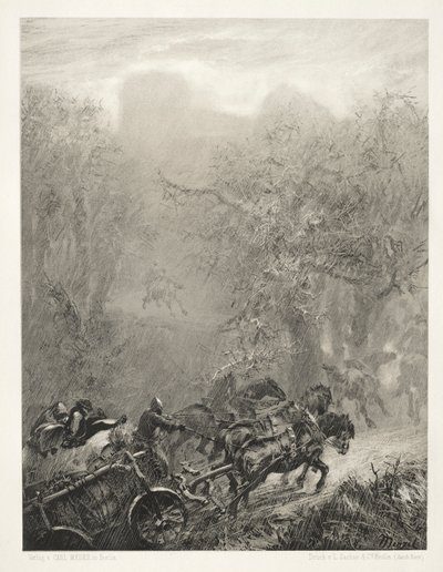 ブラシとスクレーパーを使った石のエッセイ：森の中の囚人の船団、1851年。 作： Adolph Menzel