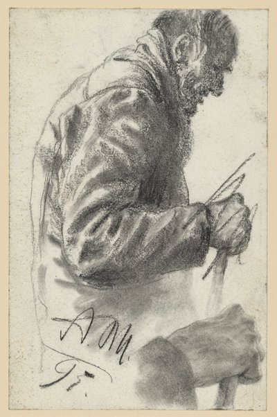 杖を持つ老人の半身像、右手は破棄され、その下に繰り返し描かれている 作： アドルフ・メンゼル