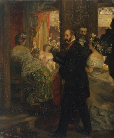 オペラハウスで、1862年（カードにマウントされた紙に油彩） 作： Adolph Menzel