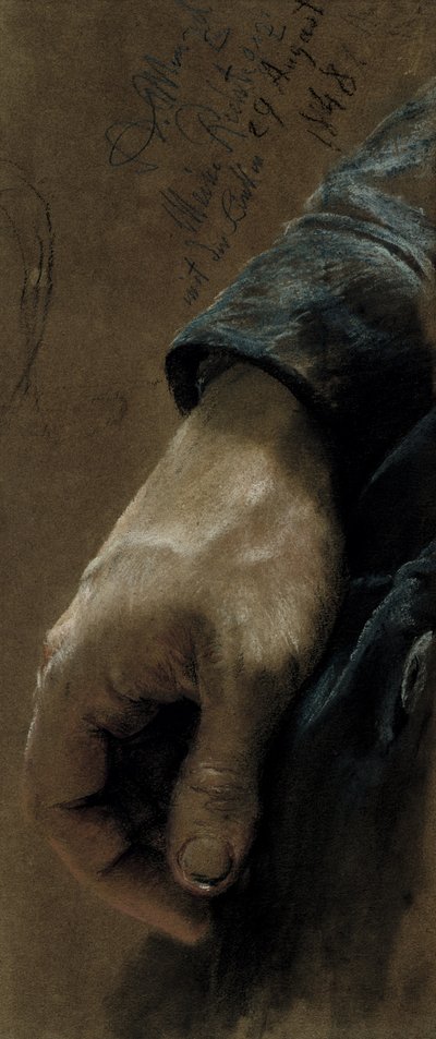 左手で描いた右手、1848（紙に色の付いたチョーク） 作： Adolph Menzel