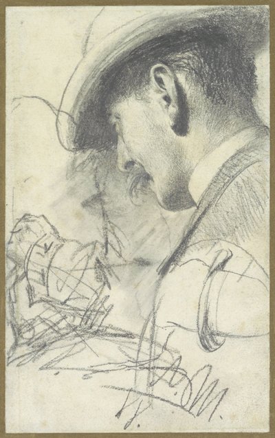 口ひげを生やし、帽子をかぶった紳士を斜め後ろから見たスケッチ シートと詳細 作： Adolph Menzel