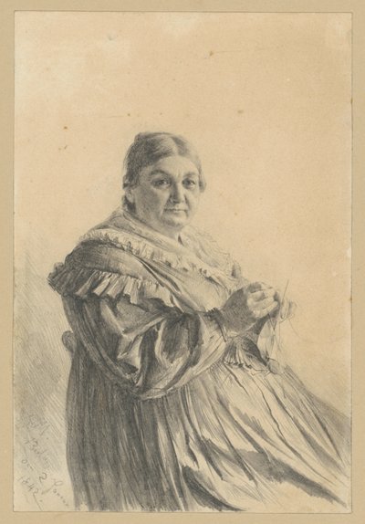 ニットの靴下を履いた、座っている年配の女性 作： Adolph Menzel