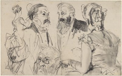 上流社交界の男性の頭部3点と後ろ向きの女性像2点を描いた素描帳 作： アドルフ・メンゼル