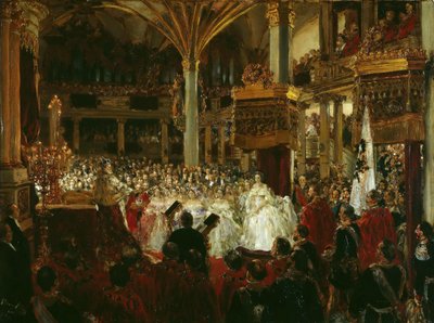 1861年、1861年のケーニヒスベルク城でプロイセンの王としてのウィリアム1世の戴冠式。 作： Adolph Menzel