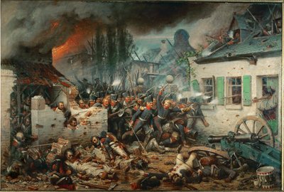 ワーテルローの戦いでプランクノワ村を襲撃するプロイセン軍（油彩・キャンバス） 作： 