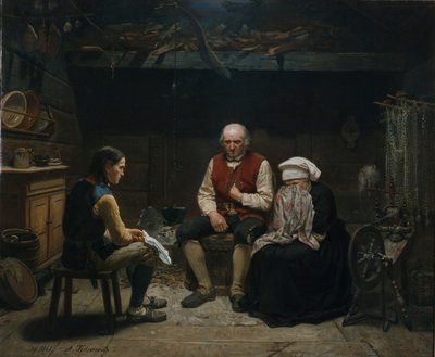 悲劇的なニュース（キャンバスに油彩） 作： Adolph Tidemand