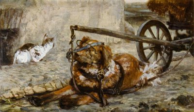 A.メンゼル、犬と猫を引っ張る 作： Adolph Menzel