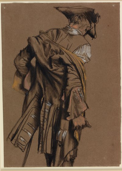 背面図で見た、18世紀の制服を着たアーティストのモデル 作： Adolph Menzel