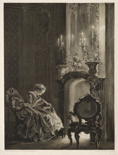 ブラシとスクレーパーを使った石のエッセイ: 暖炉のそばで読書をする女性 作： Adolph Menzel
