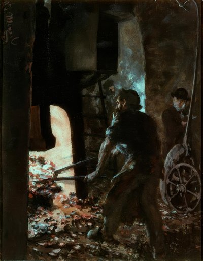 スチームハンマーの労働者との自画像 作： Adolph Menzel