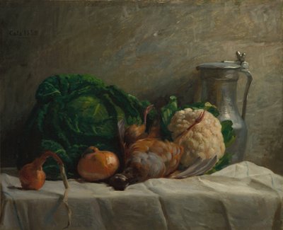 野菜とウズラと水差しのある静物画 作： Adolphe Felix Cals