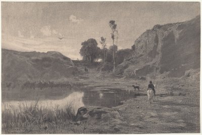 日没時の山の池のライダー 作： Adolphe Appian