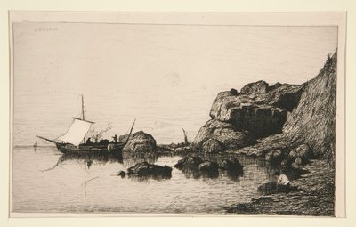 コリウール (ピレネー オリエンタル) の岩に寄港する漁師のボート 作： Adolphe Appian