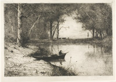 リバーサイドでボートに乗る漁師 作： Adolphe Appian