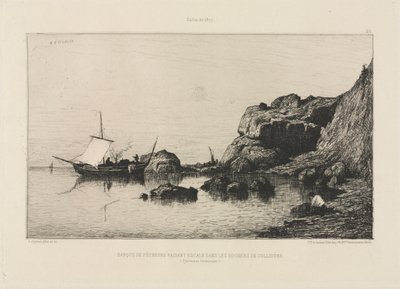 コリウールの岩に寄港する漁船 作： Adolphe Appian