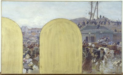 パリ市庁舎長の内閣のためのスケッチ：郊外の住民のパリへの帰還：1870年のパリ包囲戦、1895年（キャンバスに油彩） 作： Adolphe Gustave Binet