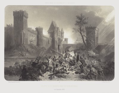 1429年9月8日、パリの城壁の前で負傷したジョーン・オブ・アーク（リトグラフ 作： Adolphe Jean Baptiste (after) Bayot