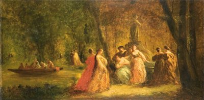 川の近くの公園で女性 作： Adolphe Joseph Thomas Monticelli