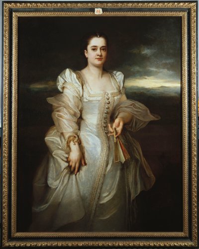 真珠が刺繍された白いドレスを着ている女性の肖像画 作： Adolphe Joseph Thomas Monticelli