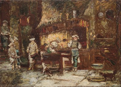 ロティスリー・デ・ドゥー・パオンの厨房 1875-81年頃（油彩、木製パネル） 作： Adolphe Joseph Thomas Monticelli