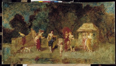 公園で再会した若い女性たち 作： Adolphe Joseph Thomas Monticelli