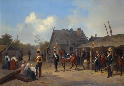 「村でビバークする兵士たち」 アドルフ・ラドゥルネル（1798-1856）の絵 作： Adolphe Ladurner