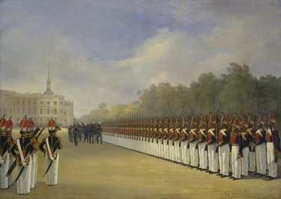 1830年代のサンクトペテルブルクの火星のフィールドでのパブロフスキー衛兵連隊のパレード 作： Adolphe Ladurner
